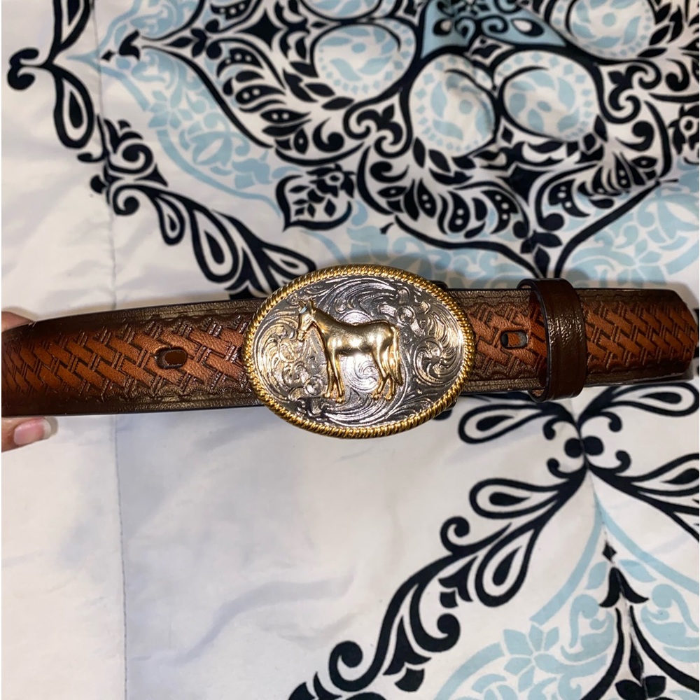 Badger Genuine Leather Youth Basket Weave Stamped Belt w/ Horse Buckle